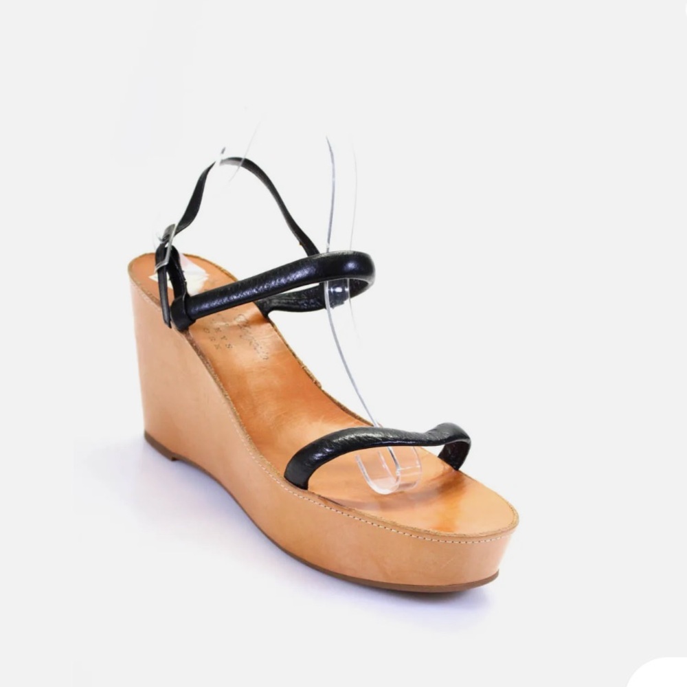 Robert Clergerie Black Leather Strappy Wedge Sandals with Tan Platform